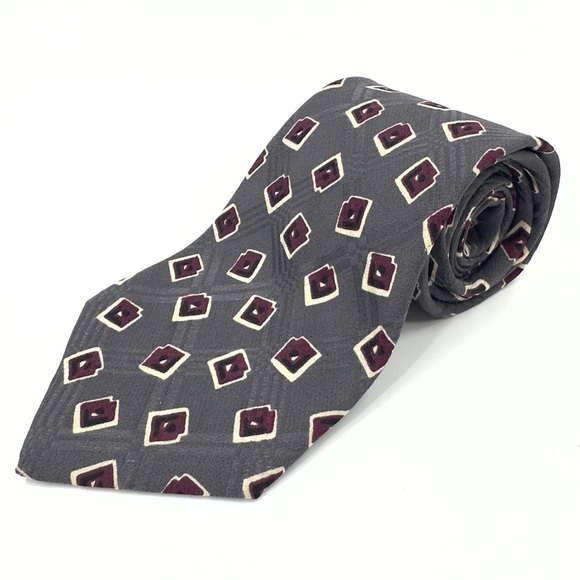 Polo Ralph Lauren Vintage Silk Tie Grey Burgundy Red Geometric Pattern USA Made - Picture 1 of 8